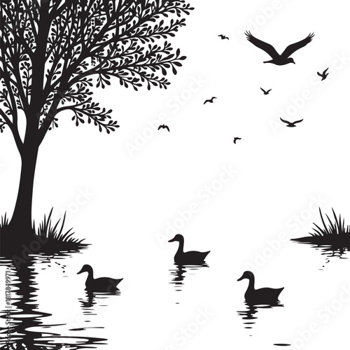 Black silhouette of ducks swimming near a tree and flying birds