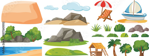 Cartoon beach and nature element vector set with umbrella, hut, sailboat, trees, ideal for outdoor scene creation, decor, or games