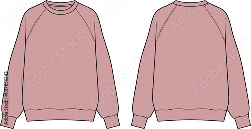 Pink raglan sweatshirt front and back view, crewneck sweater template, clothing mockup, fashion flat drawing, casual unisex apparel design illustration