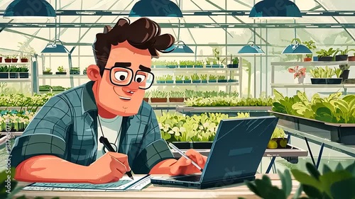 Young man studying and taking notes in a bright greenhouse filled with various plants and flowers