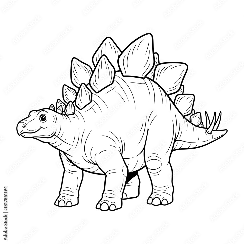 Fototapeta premium Cute Stegosaurus line art drawing for coloring, featuring dorsal plates and tail thagomizer.