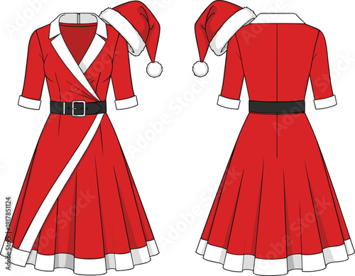 Santa Christmas dress vector template with hat, festive holiday costume flat fashion sketch for apparel design, illustration, garment production