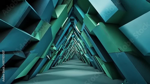 Abstract geometric tunnel with teal and green textures creating a captivating perspective view
