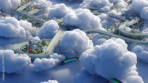 Colorful winding road through fluffy clouds with vibrant cityscape in the background