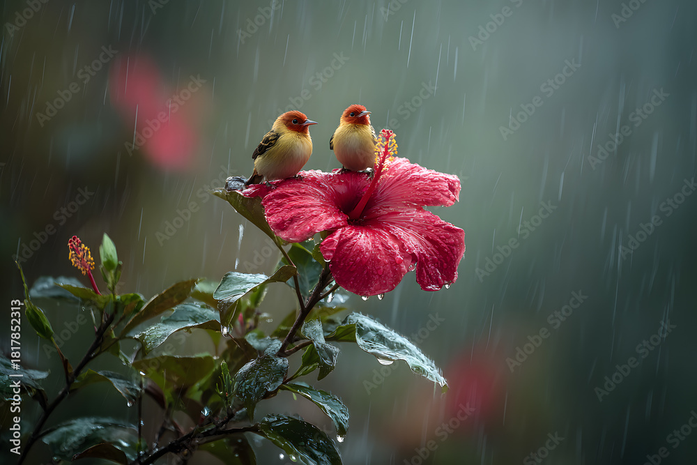 Obraz premium two birds sitting on a flower in the rain