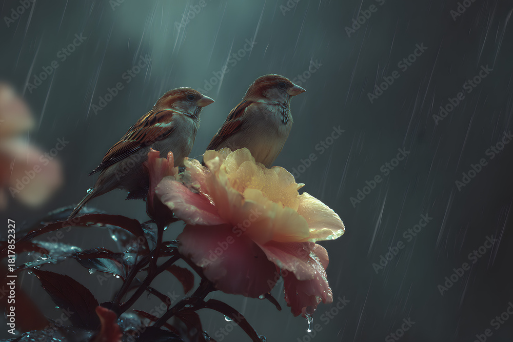 Obraz premium two birds sitting on a branch in the rain