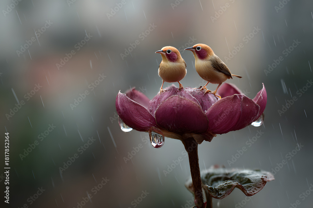 Fototapeta premium two birds sitting on a flower in the rain
