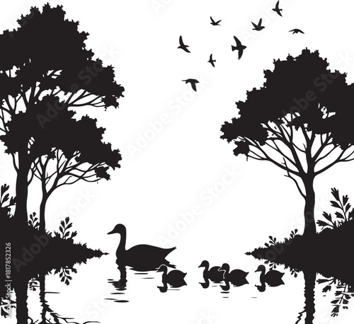 Black silhouette of geese and ducklings swimming in water with trees and flying birds