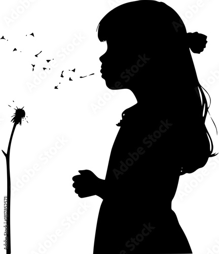 Silhouette of girl releasing dandelion petals into the breeze for soft aesthetic design