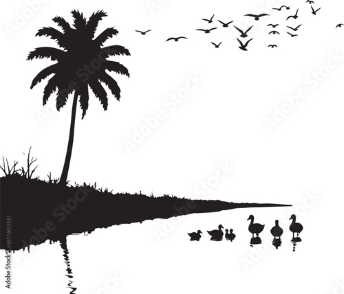 Black silhouette of palm tree and ducks on water with flying birds