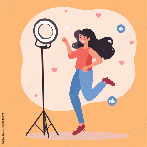Male Content Creator Recording Video Vector Illustration,Blogger Filming Video with Laptop and Camera Flat Design,Social Media Influencer Creating Online Content Vector,Modern Man Vlogge. 