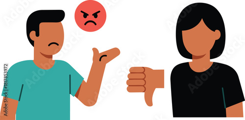 Angry disagreement communication illustration, unhappy man arguing, woman showing thumbs down, conflict, negative feedback, emotional reaction, flat vector design