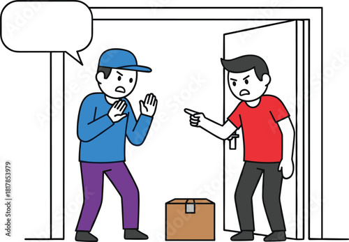 Angry customer confronting delivery worker, package dispute scene, courier complaint illustration, conflict at doorstep, parcel problem communication concept artwork
