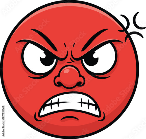 Angry red emoji face, furious expression cartoon illustration, rage emoticon artwork, emotional reaction icon, aggressive mood character design