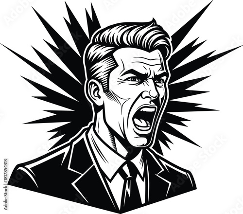 Angry shouting businessman illustration with explosive energy background, emotional stress expression, aggressive reaction concept in bold black and white artwork