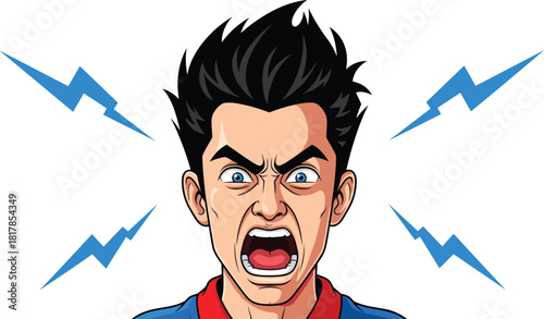 Angry shouting man illustration with intense facial expression, emotional stress, frustration, rage, cartoon character, explosive energy, powerful dynamic artwork