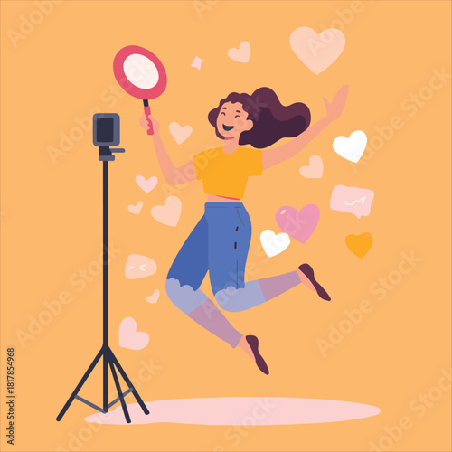 Male Content Creator Recording Video Vector Illustration,Blogger Filming Video with Laptop and Camera Flat Design,Social Media Influencer Creating Online Content Vector,Modern Man Vlogge. 