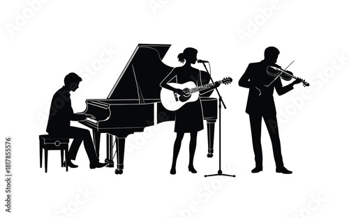 Musicians performing with piano guitar and violin grand piano guitarist