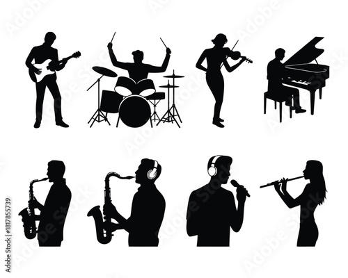 Musicians playing instruments and singing silhouette guitar