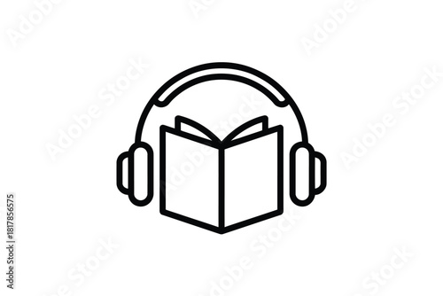 Open book with headphones black line icon audio listening