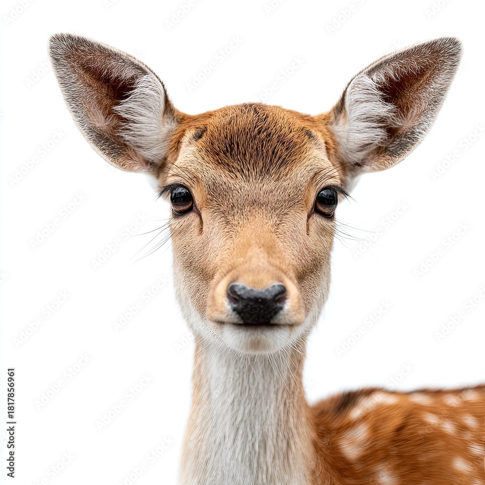 Fototapeta premium Front view of adorable baby deer standing on a clean white background, ultra-high-quality studio shot, showcasing detailed fur texture, innocence and wildlife nature concepts.