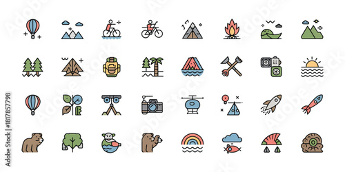 Outdoor adventure and travel icons nature camping