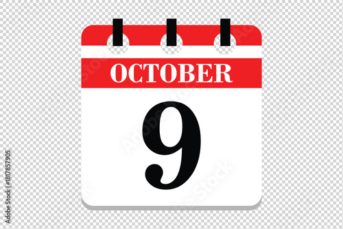 9 October Calendar icon vector, 9 dates of October month calendar icon, dates of October 9 icon calendar, vector calendar icon.