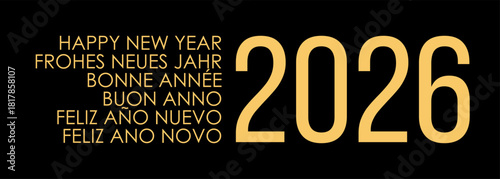 2026 happy new year greetings card in english german french italian spanish portuguese languages