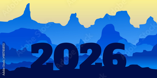 2026 number with blue mountains background, new year achievements concept