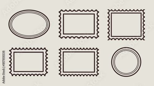 Oval and rectangular postage stamp frames with perforated edges border rectangle