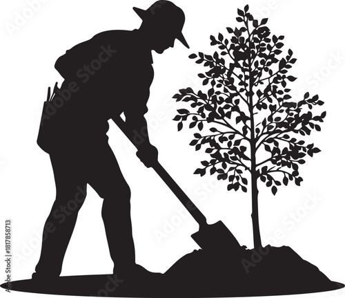 farmer digging hole for tree planting silhouette