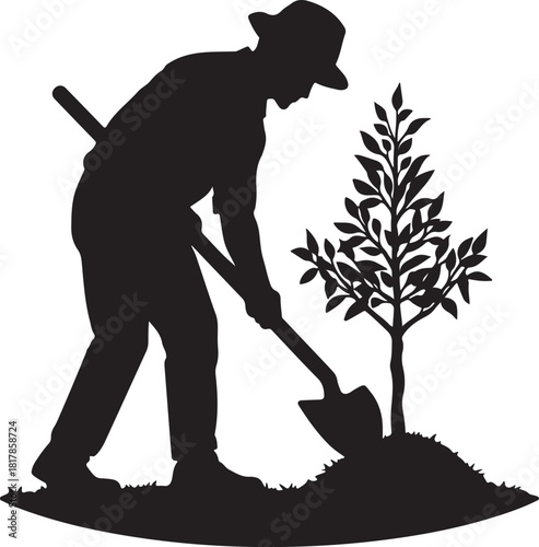 farmer digging hole for tree planting silhouette