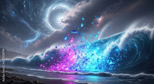 Fototapeta Naklejka Na Ścianę i Meble -  Mystical ocean wave breaking with shattered vibrant energy beneath a surreal sky formation
