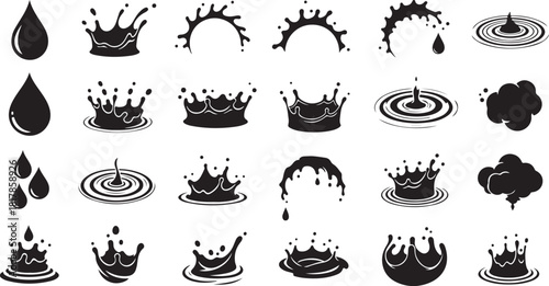 Water drop and splash set, black silhouette of liquid drops, falling water, and ripple effect.