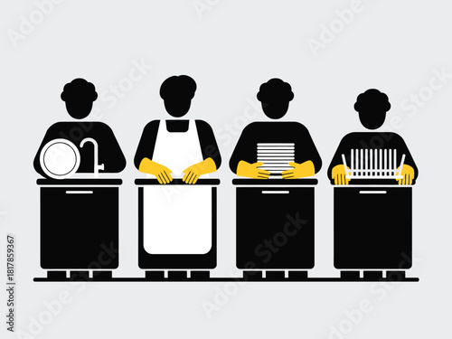 People washing dishes and drying utensils vector illustration sink
