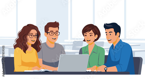 Group of young creative people working together on a laptop computer. Flat vector illustration of teamwork, collaboration, and brainstorming