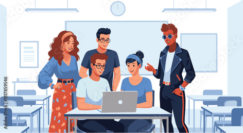 Diverse group of young adults collaborating on a laptop in a modern classroom setting, fostering teamwork and learning