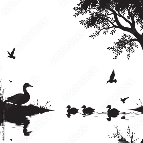 Silhouette of ducks and birds by a lake under a tree