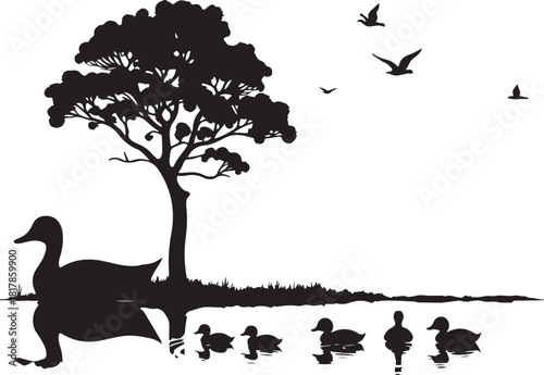 Silhouette of ducks and birds by a tree on water duckling