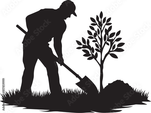 farmer digging hole for tree planting silhouette