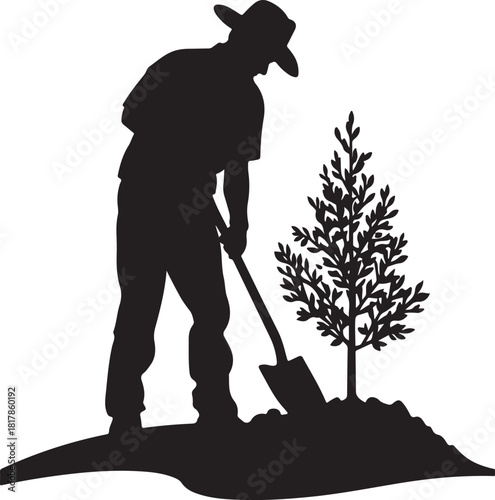 farmer digging hole for tree planting silhouette