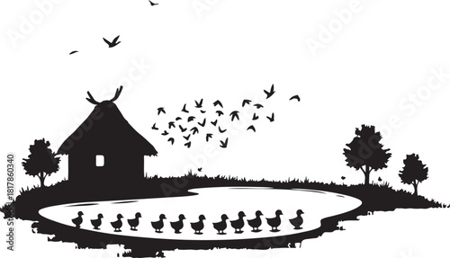 Silhouette of ducks by pond and birds flying over hut