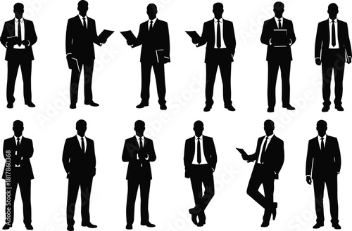 Businessman silhouette set, professional corporate male figures, executive poses collection, office worker icons, formal suit illustration for business design