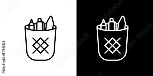 Pencil holder and office supplies icon in two contrasting color schemes