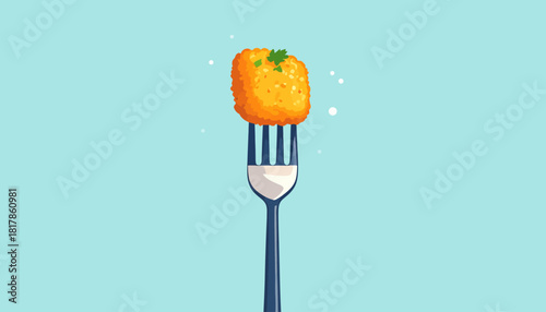 Illustration of a golden-brown tater tot on a fork against a light blue background.