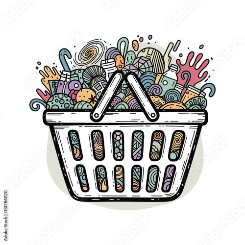 Shopping basket full of groceries and household items isolated on