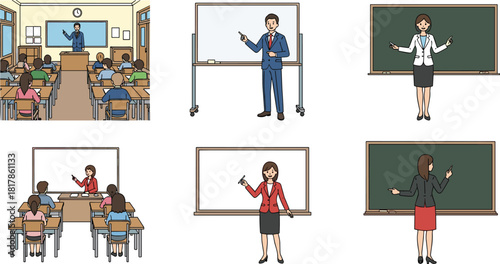 Classroom teacher illustrations with students, teaching scenes, chalkboard and whiteboard lessons, education concept, school learning environment, instructor presentation