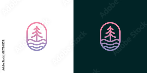 Minimalist oval logo featuring a stylized pine tree above wavy lines on white and dark backgrounds