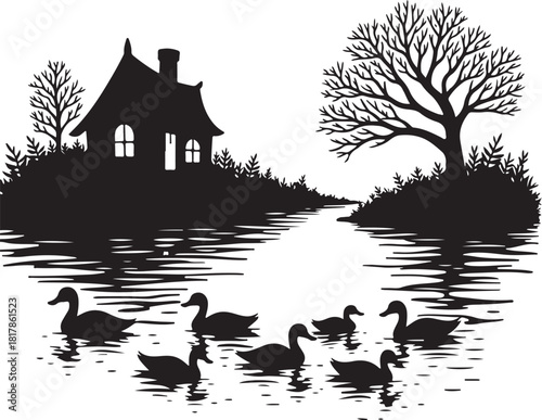 Silhouette of ducks swimming in a river near a house and tree
