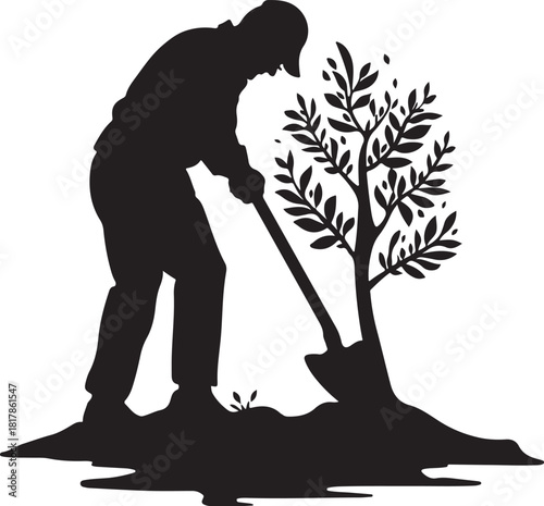 farmer digging hole for tree planting silhouette